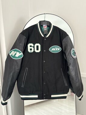 NWT NFL New York Jets Fleece Varsity Jacket Black and Green Mens Medium
